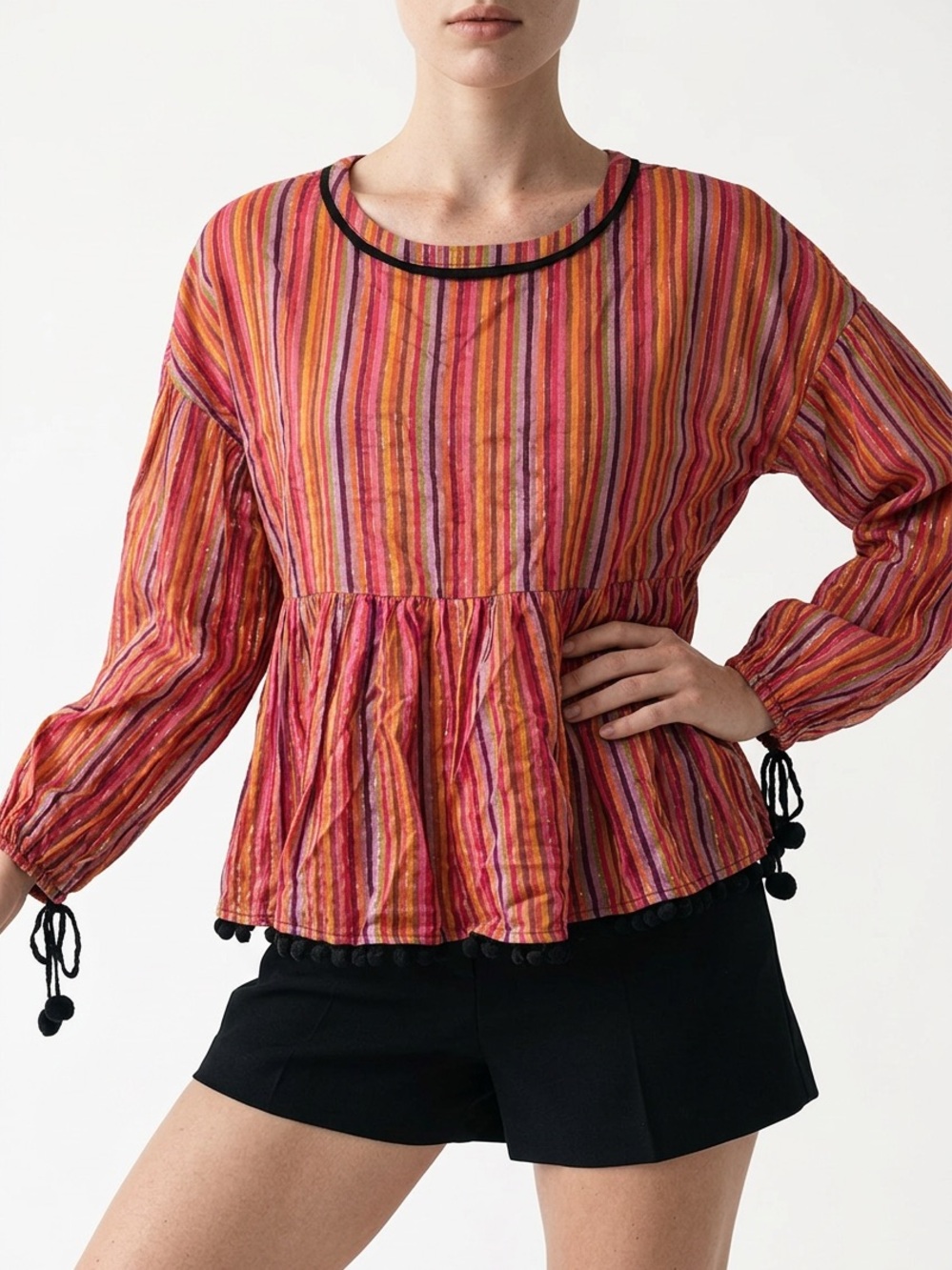 Amaryllis Striped Peplum Tunic in Pink, Orange & Yellow with Pom Trim (rack 15)
